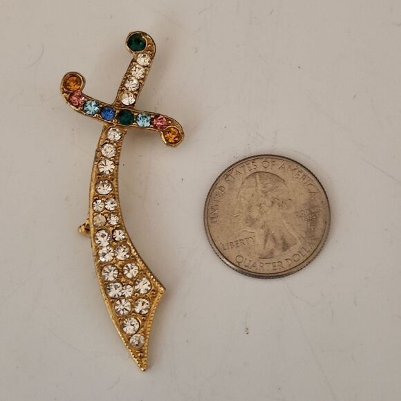 LG Scimitar Curved Sword Pin Rhinestone Brooch Vintage Costume Estate Jewelry - Picture 2 of 6